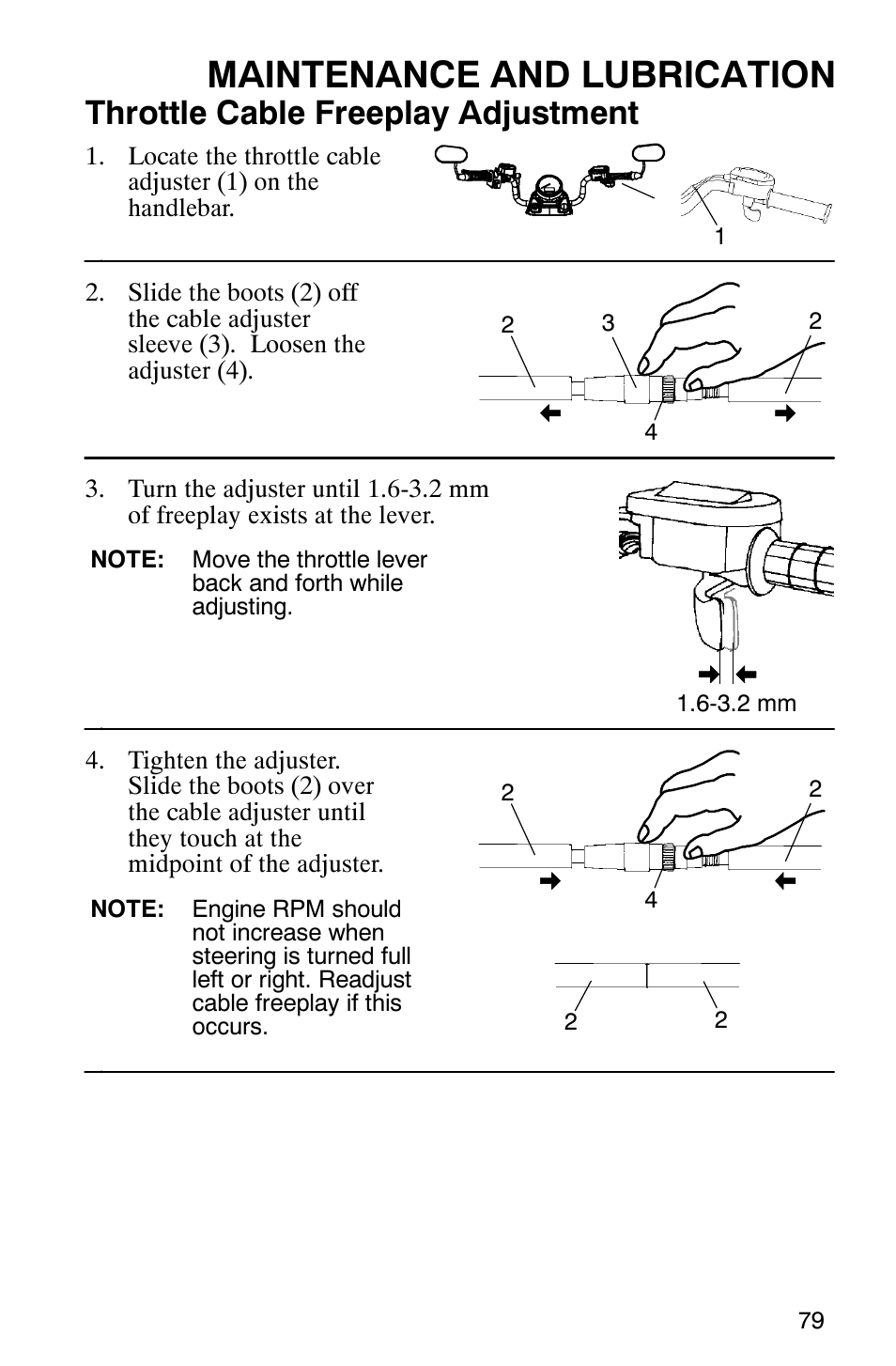 Maintenance and lubrication, Throttle cable freeplay adjustment | Polaris Trail Boss 330 Quadricycle User Manual | Page 81 / 119