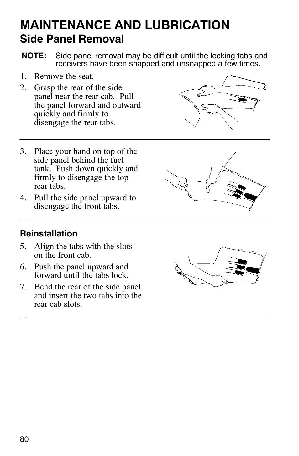 Maintenance and lubrication, Side panel removal | Polaris Trail Boss 330 Quadricycle User Manual | Page 82 / 119