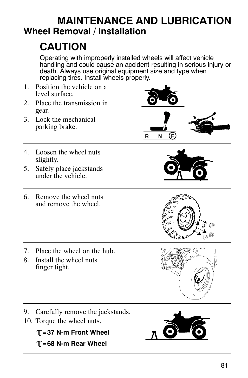 Maintenance and lubrication, Caution, Wheel removal / installation | Polaris Trail Boss 330 Quadricycle User Manual | Page 83 / 119