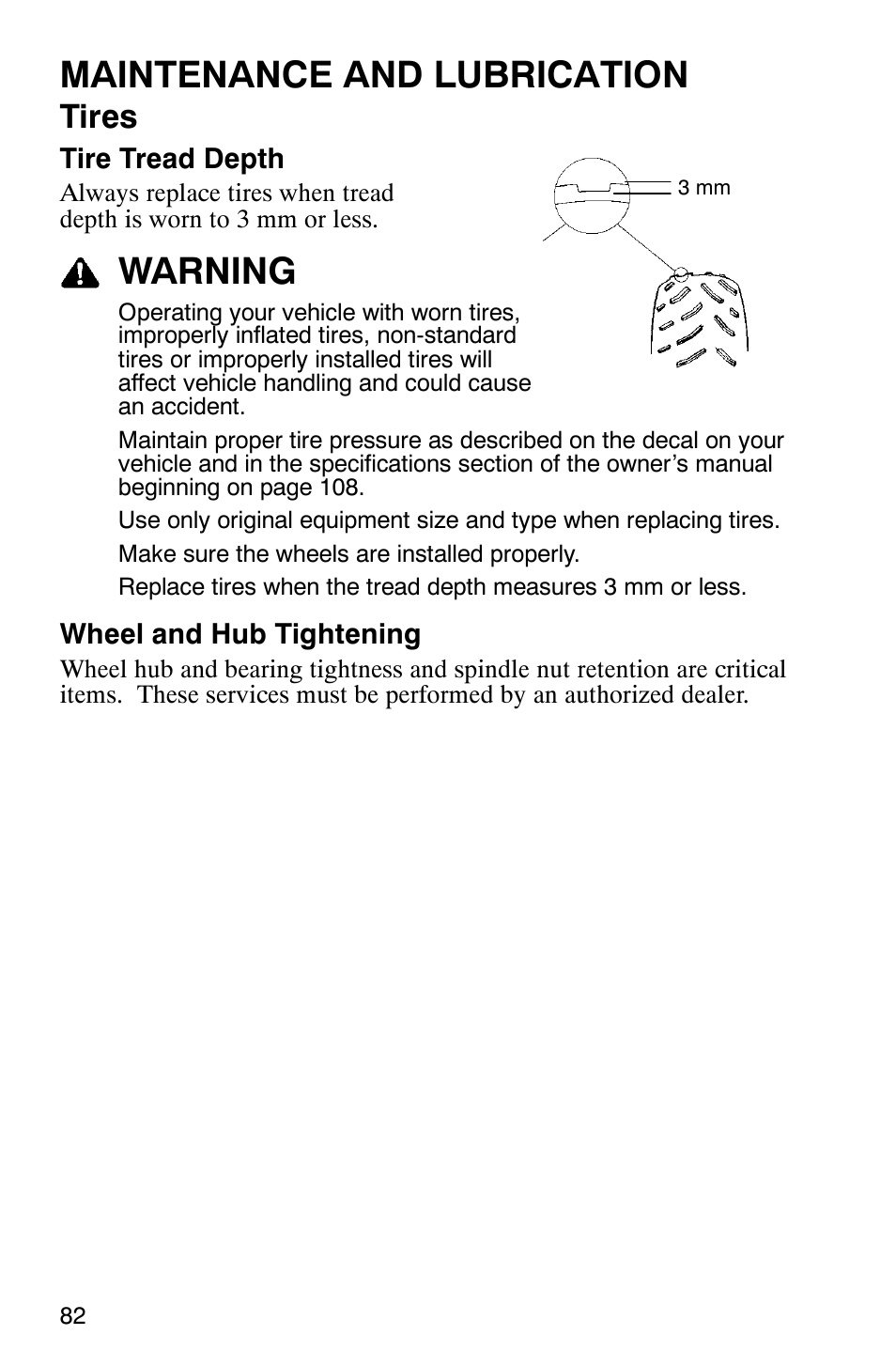 Maintenance and lubrication, Warning, Tires | Polaris Trail Boss 330 Quadricycle User Manual | Page 84 / 119