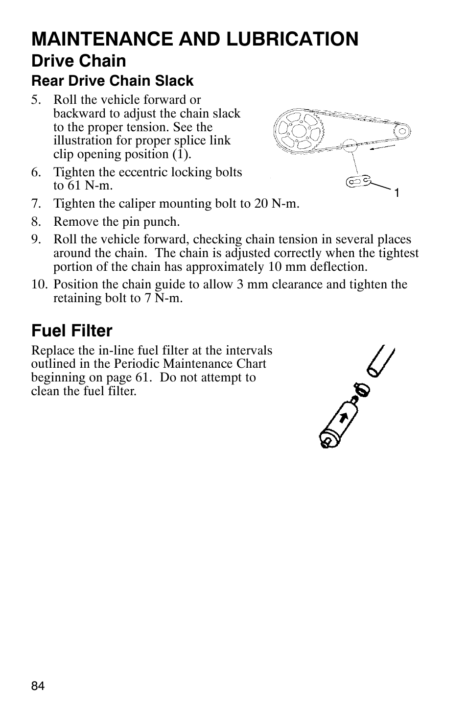 Maintenance and lubrication, Drive chain, Fuel filter | Polaris Trail Boss 330 Quadricycle User Manual | Page 86 / 119