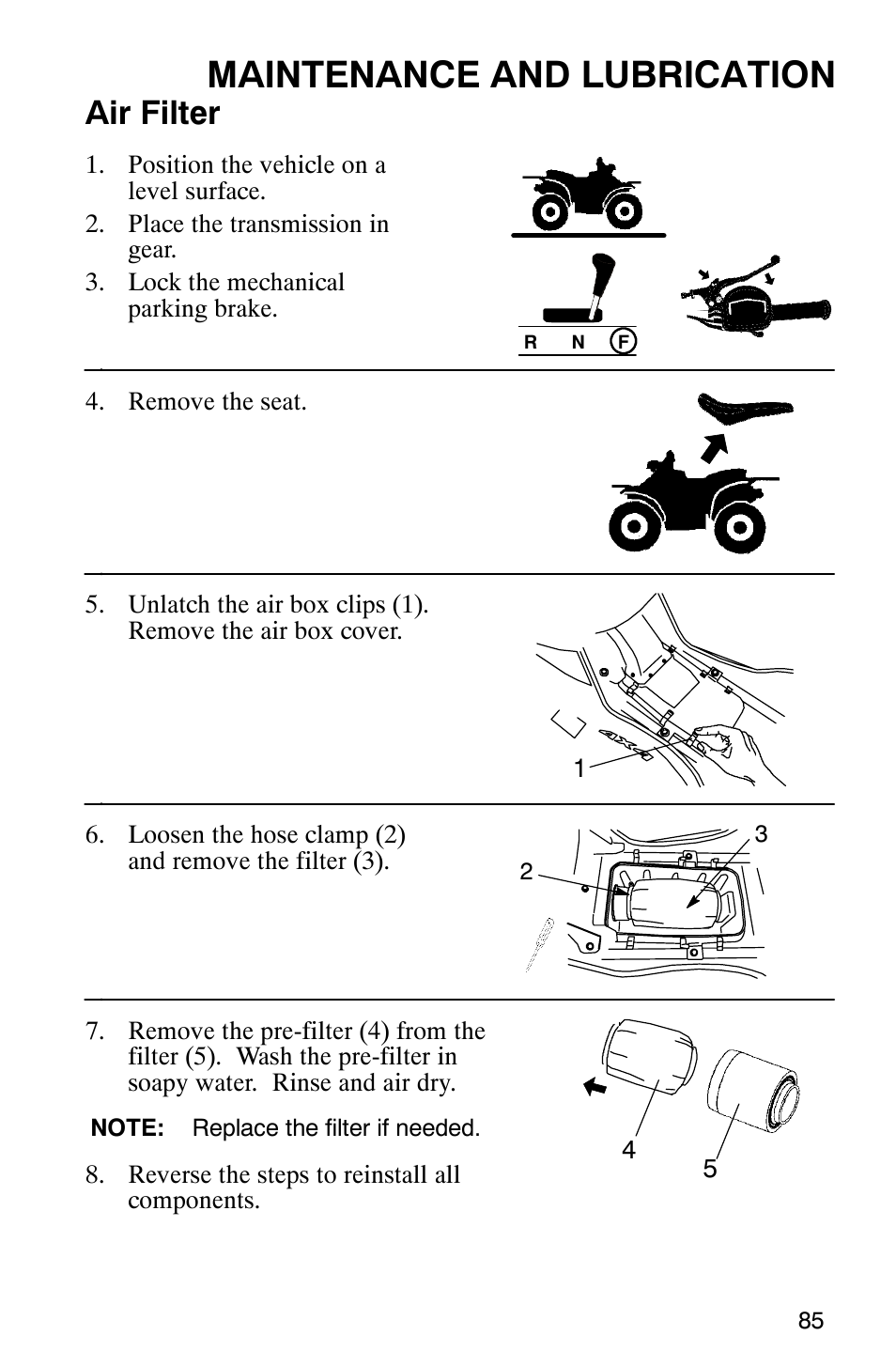 Maintenance and lubrication, Air filter | Polaris Trail Boss 330 Quadricycle User Manual | Page 87 / 119