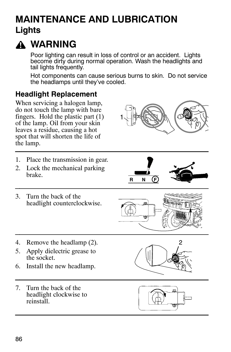 Maintenance and lubrication, Warning, Lights | Polaris Trail Boss 330 Quadricycle User Manual | Page 88 / 119