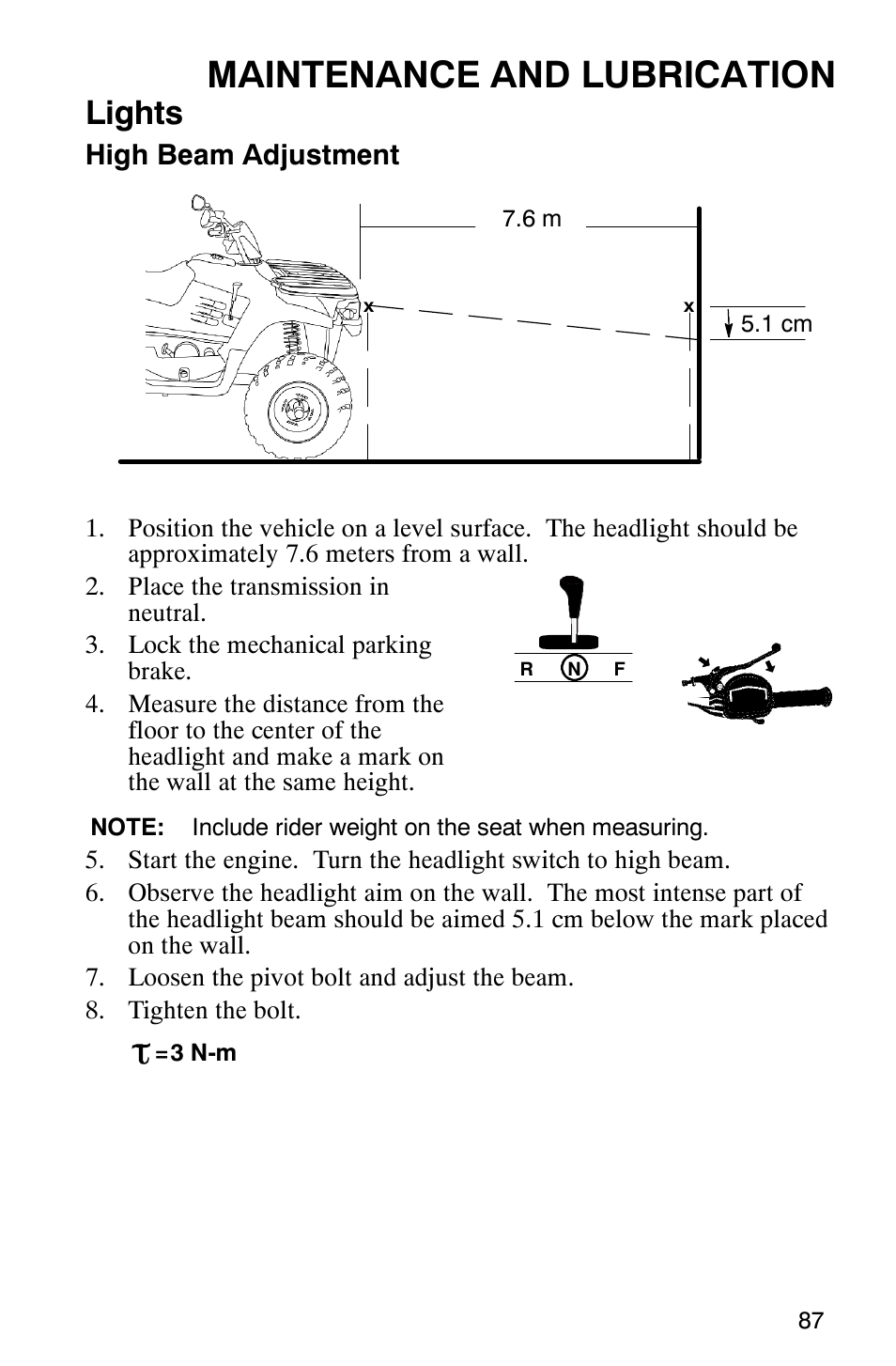 Maintenance and lubrication, Lights, High beam adjustment | Polaris Trail Boss 330 Quadricycle User Manual | Page 89 / 119