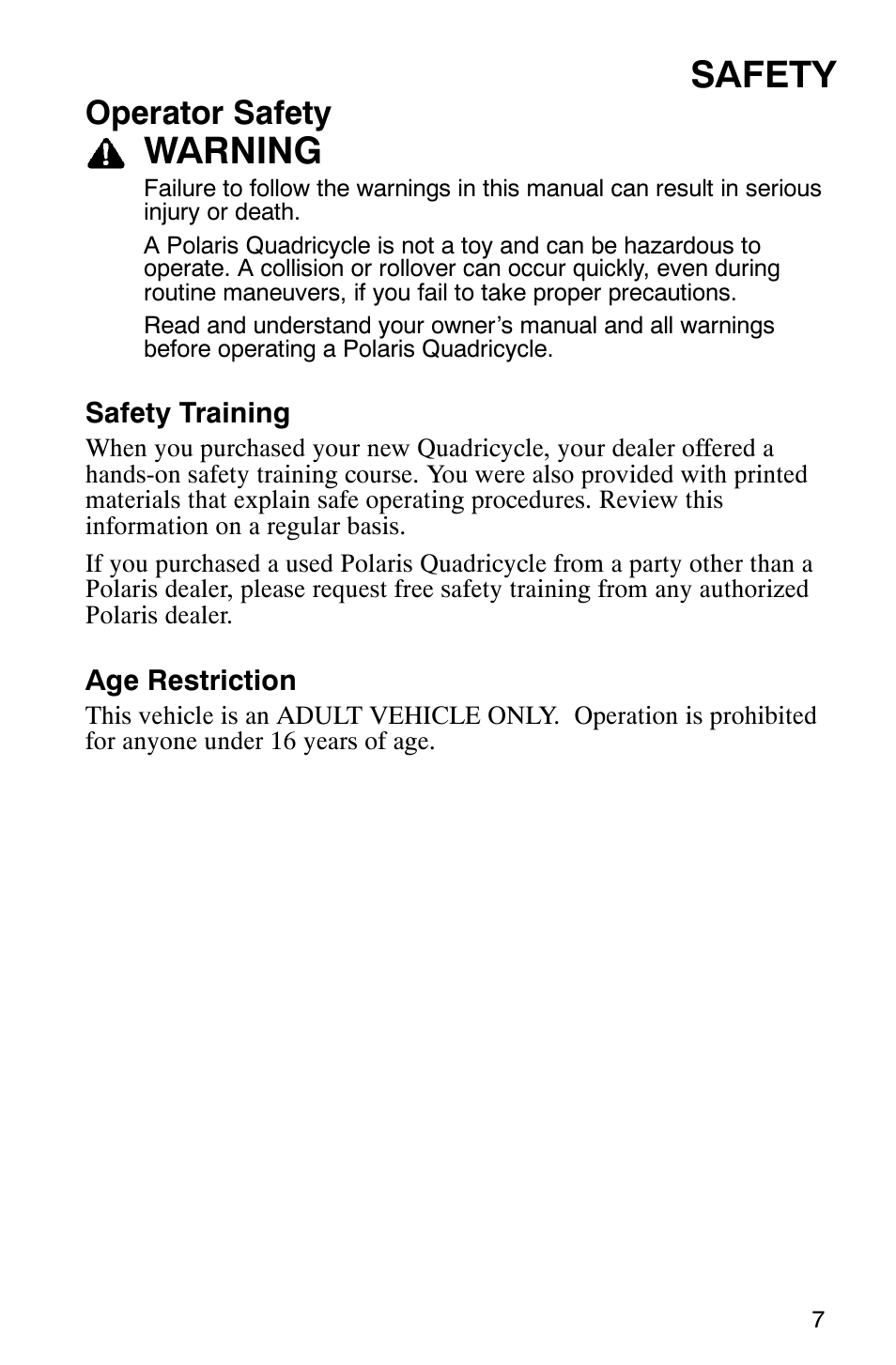 Safety, Warning, Operator safety | Polaris Trail Boss 330 Quadricycle User Manual | Page 9 / 119