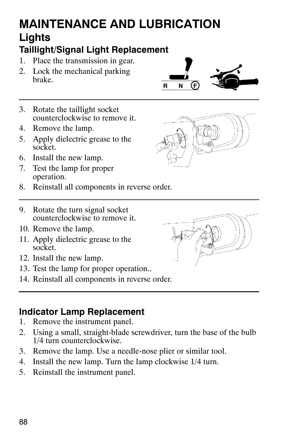 Maintenance and lubrication, Lights | Polaris Trail Boss 330 Quadricycle User Manual | Page 90 / 119