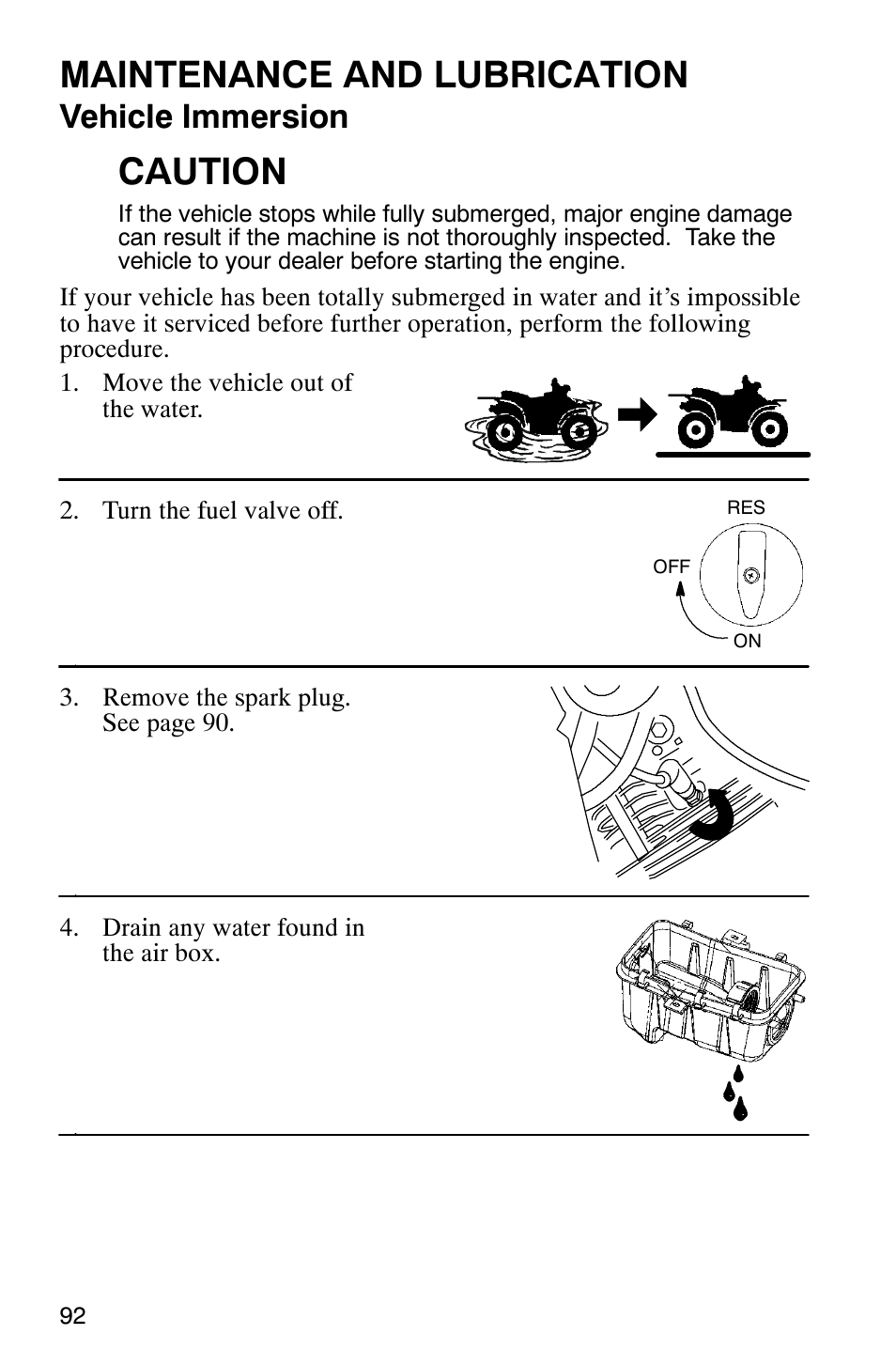 Maintenance and lubrication, Caution, Vehicle immersion | Polaris Trail Boss 330 Quadricycle User Manual | Page 94 / 119