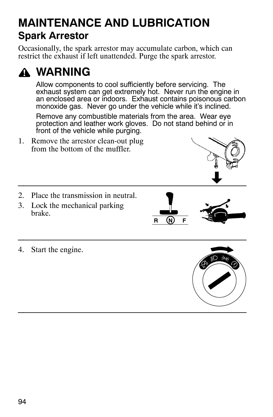 Maintenance and lubrication, Warning, Spark arrestor | Polaris Trail Boss 330 Quadricycle User Manual | Page 96 / 119