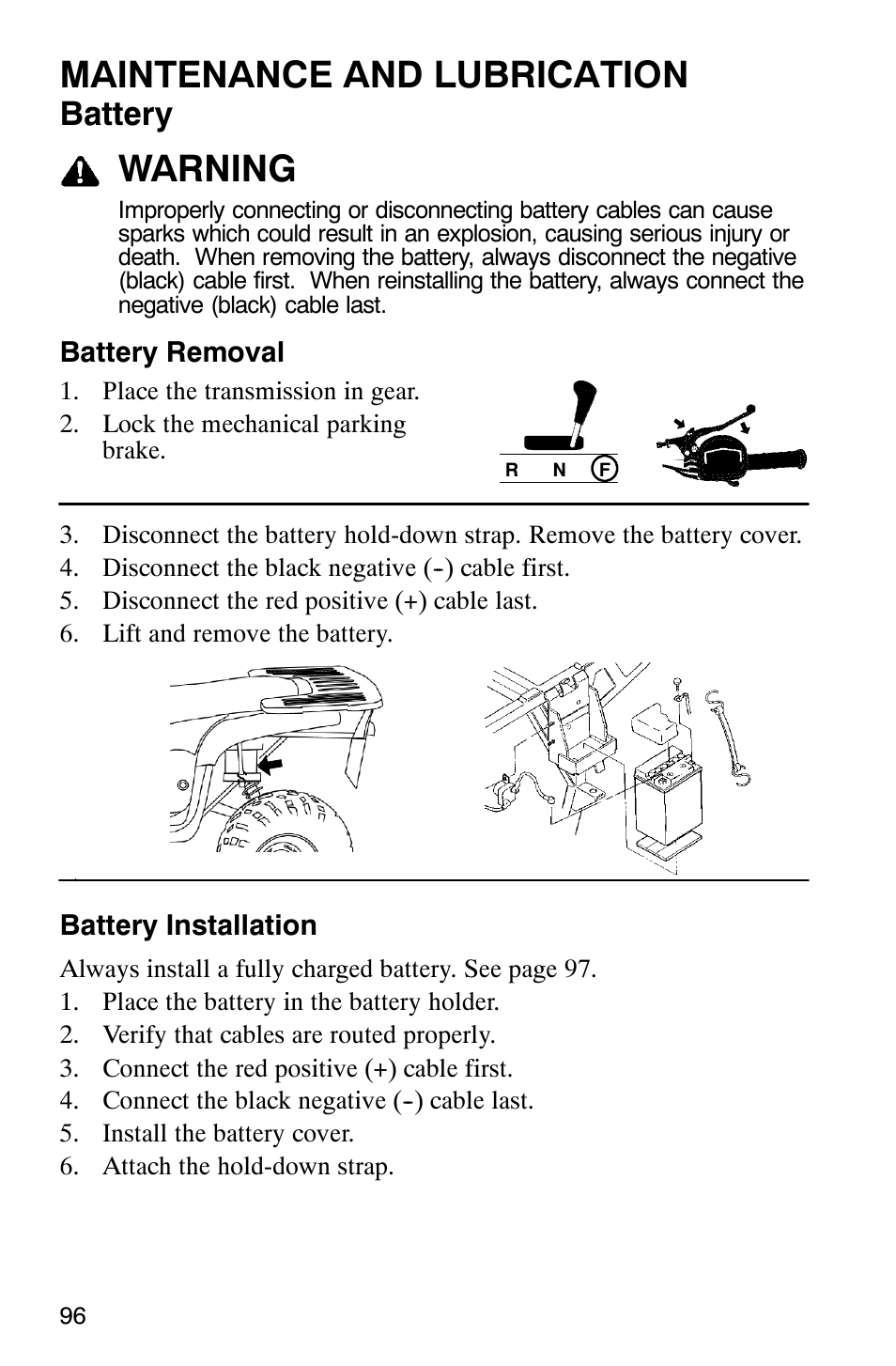 Maintenance and lubrication, Warning, Battery | Polaris Trail Boss 330 Quadricycle User Manual | Page 98 / 119