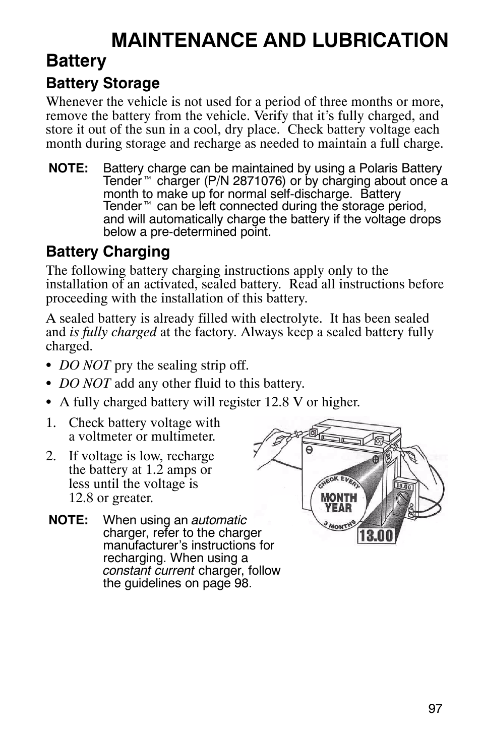 Maintenance and lubrication, Battery | Polaris Trail Boss 330 Quadricycle User Manual | Page 99 / 119