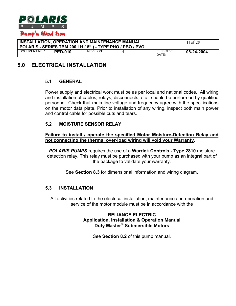 0 - electrical installation, 1 - general, 2 - moisture sensor relay | 3 - installation, 0 electrical installation | Polaris TBM 200 LH User Manual | Page 11 / 50
