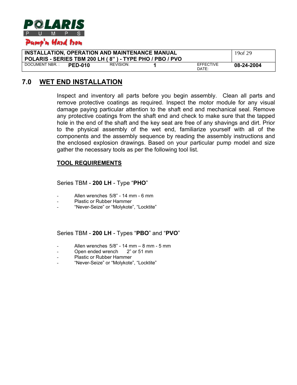 0 - wet end installation, 0 wet end installation | Polaris TBM 200 LH User Manual | Page 19 / 50