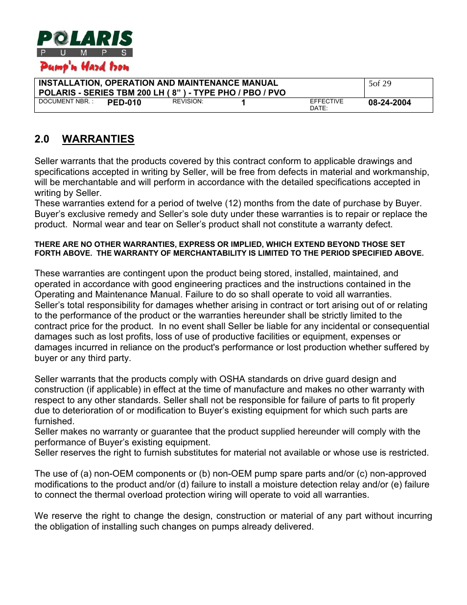 0 - warranties, 0 warranties | Polaris TBM 200 LH User Manual | Page 5 / 50