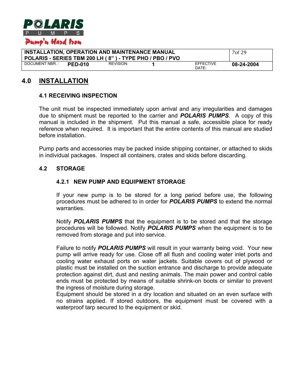 0 - mechanical installation, 1 - receiving inspection, 2 - storage | 0 installation | Polaris TBM 200 LH User Manual | Page 7 / 50