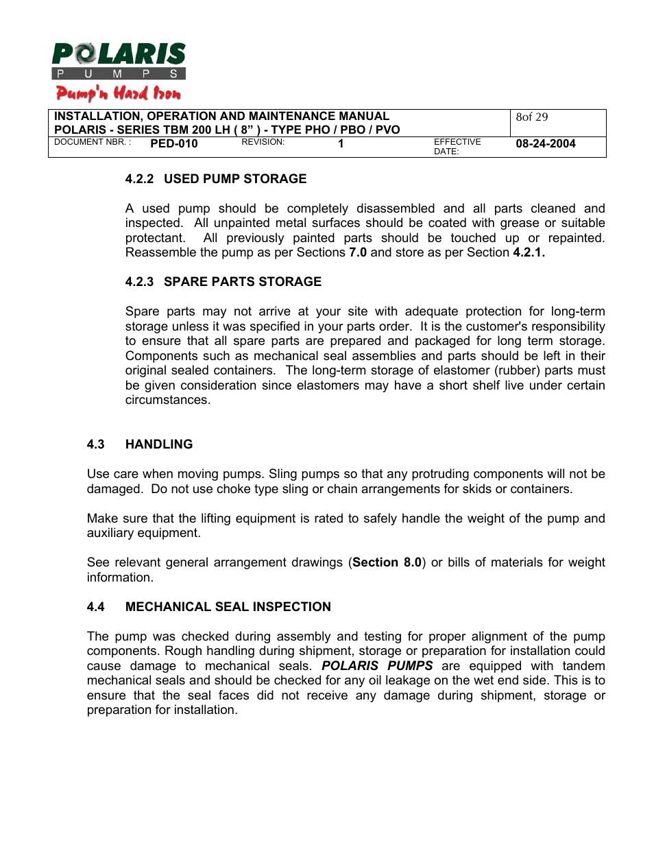 3 - handling, 4 - mechanical seal inspection | Polaris TBM 200 LH User Manual | Page 8 / 50