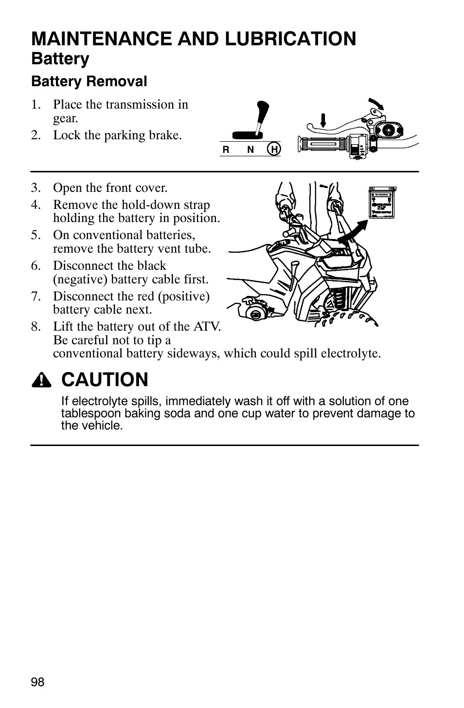 Maintenance and lubrication, Caution, Battery | Polaris Hawkeye 4x4 User Manual | Page 101 / 134