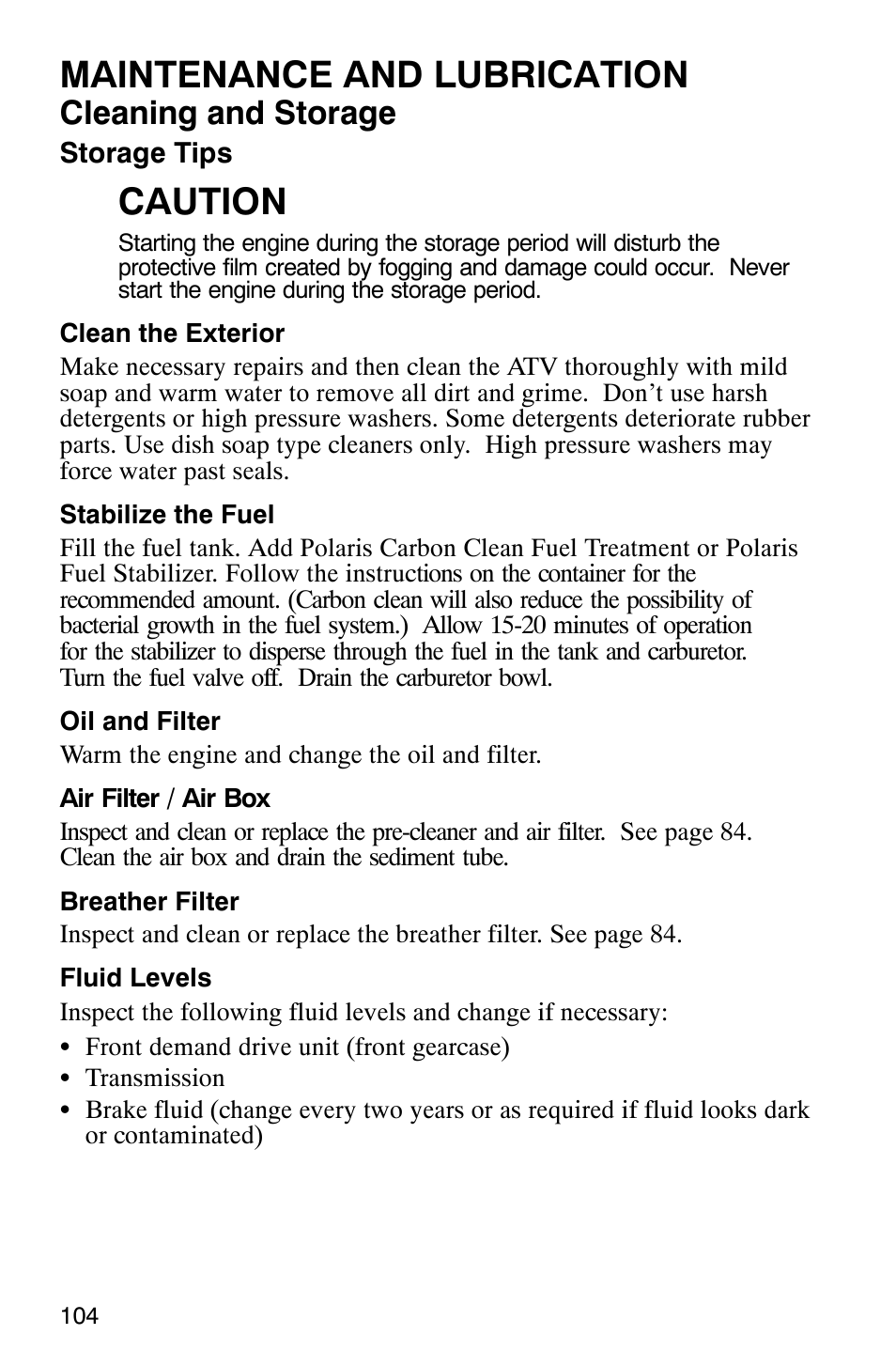 Maintenance and lubrication, Caution, Cleaning and storage | Polaris Hawkeye 4x4 User Manual | Page 107 / 134