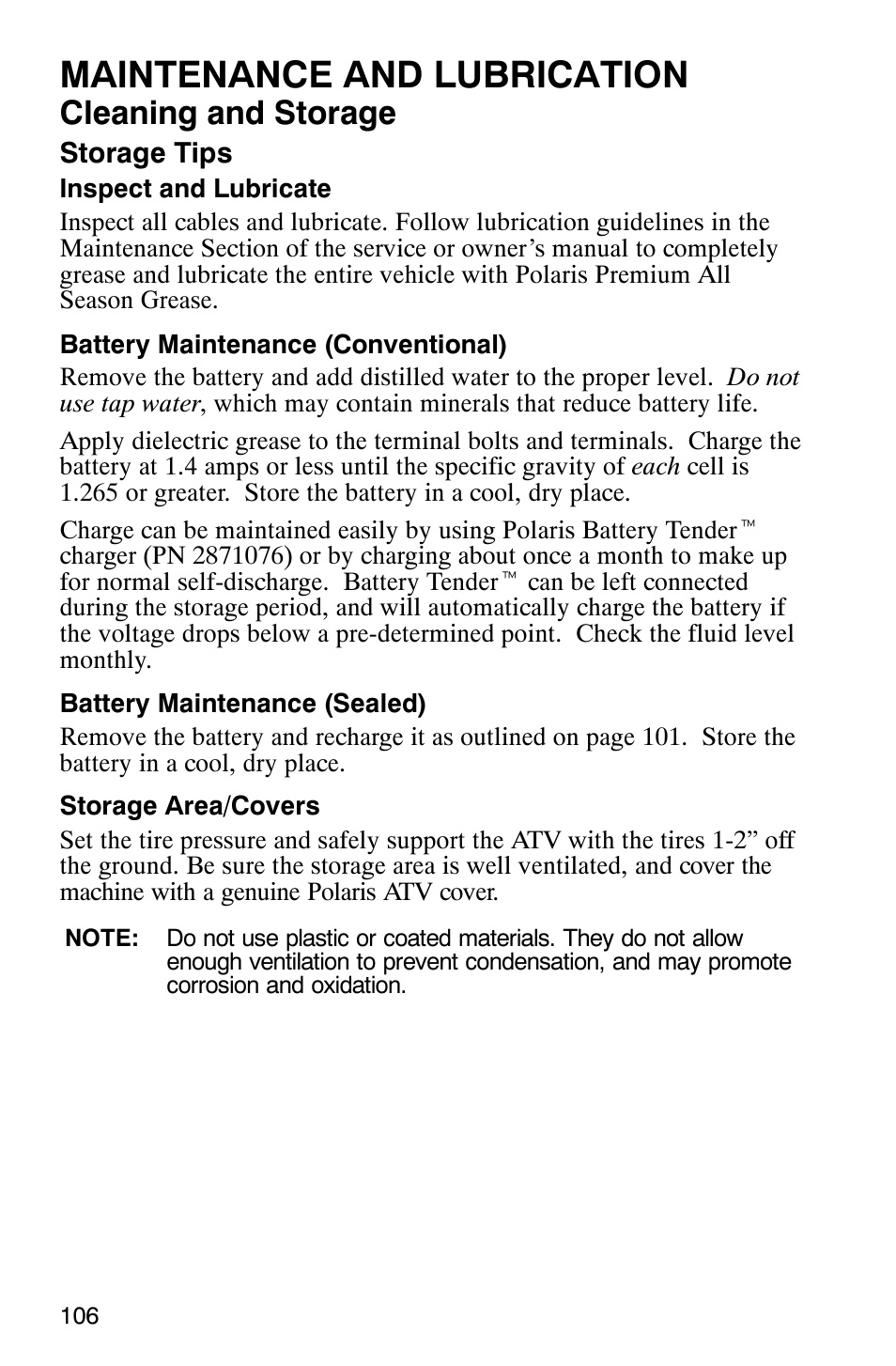 Maintenance and lubrication, Cleaning and storage | Polaris Hawkeye 4x4 User Manual | Page 109 / 134