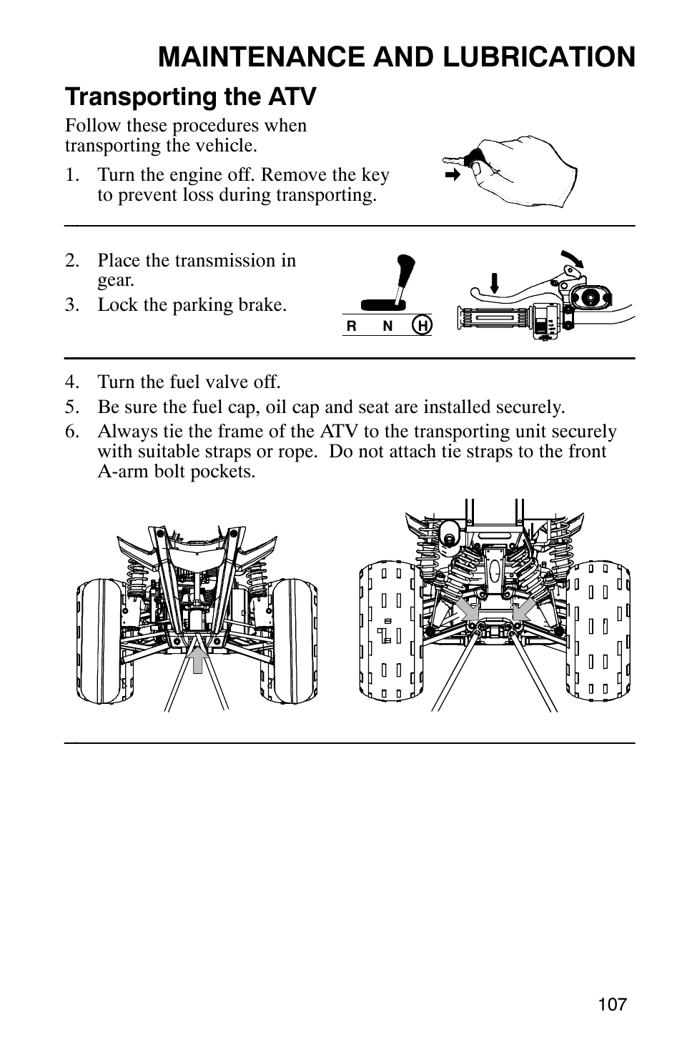 Maintenance and lubrication, Transporting the atv | Polaris Hawkeye 4x4 User Manual | Page 110 / 134