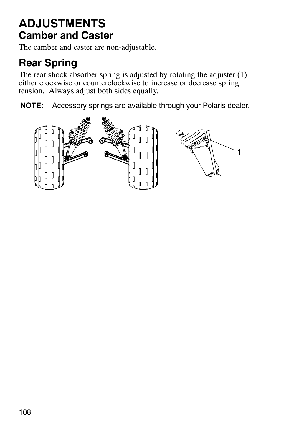 Adjustments, Camber and caster, Rear spring | Polaris Hawkeye 4x4 User Manual | Page 111 / 134