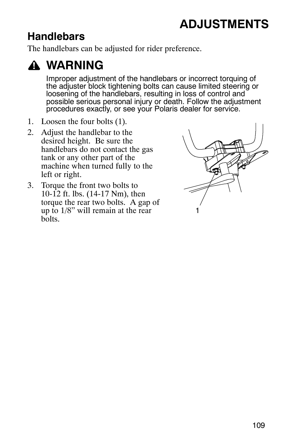 Adjustments, Warning, Handlebars | Polaris Hawkeye 4x4 User Manual | Page 112 / 134