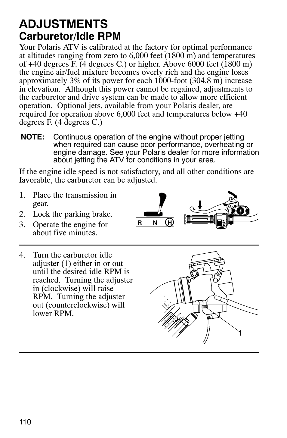 Adjustments, Carburetor/idle rpm | Polaris Hawkeye 4x4 User Manual | Page 113 / 134