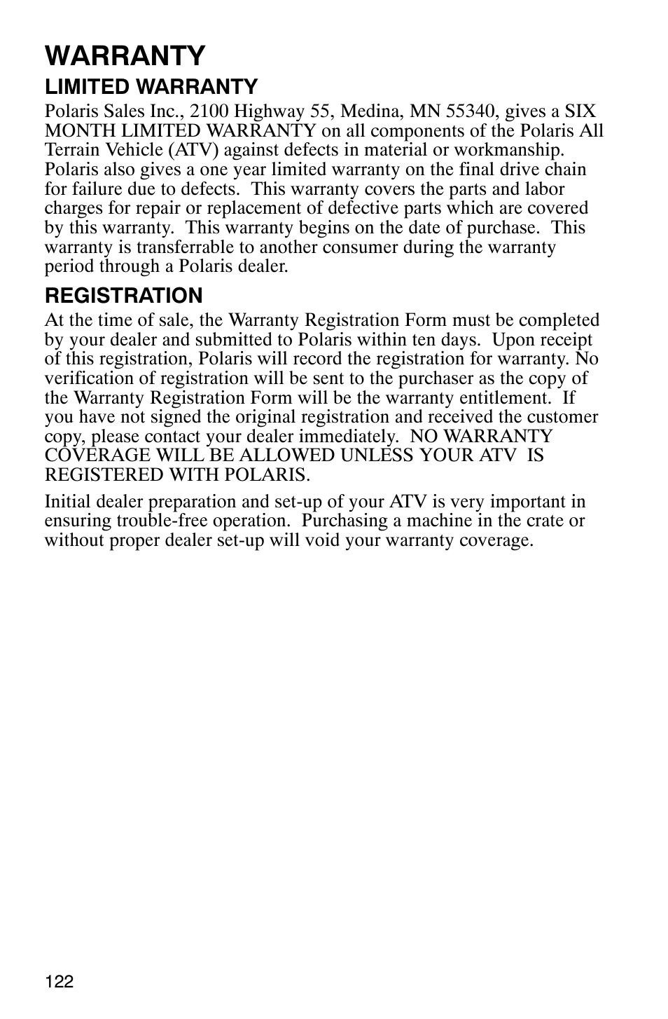 Warranty | Polaris Hawkeye 4x4 User Manual | Page 125 / 134