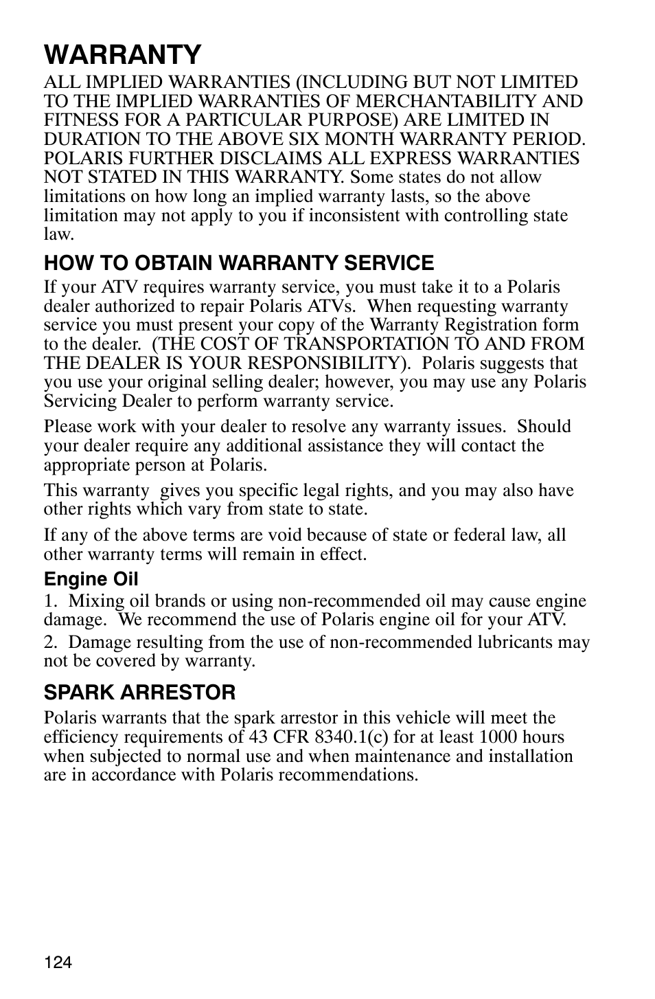 Warranty | Polaris Hawkeye 4x4 User Manual | Page 127 / 134