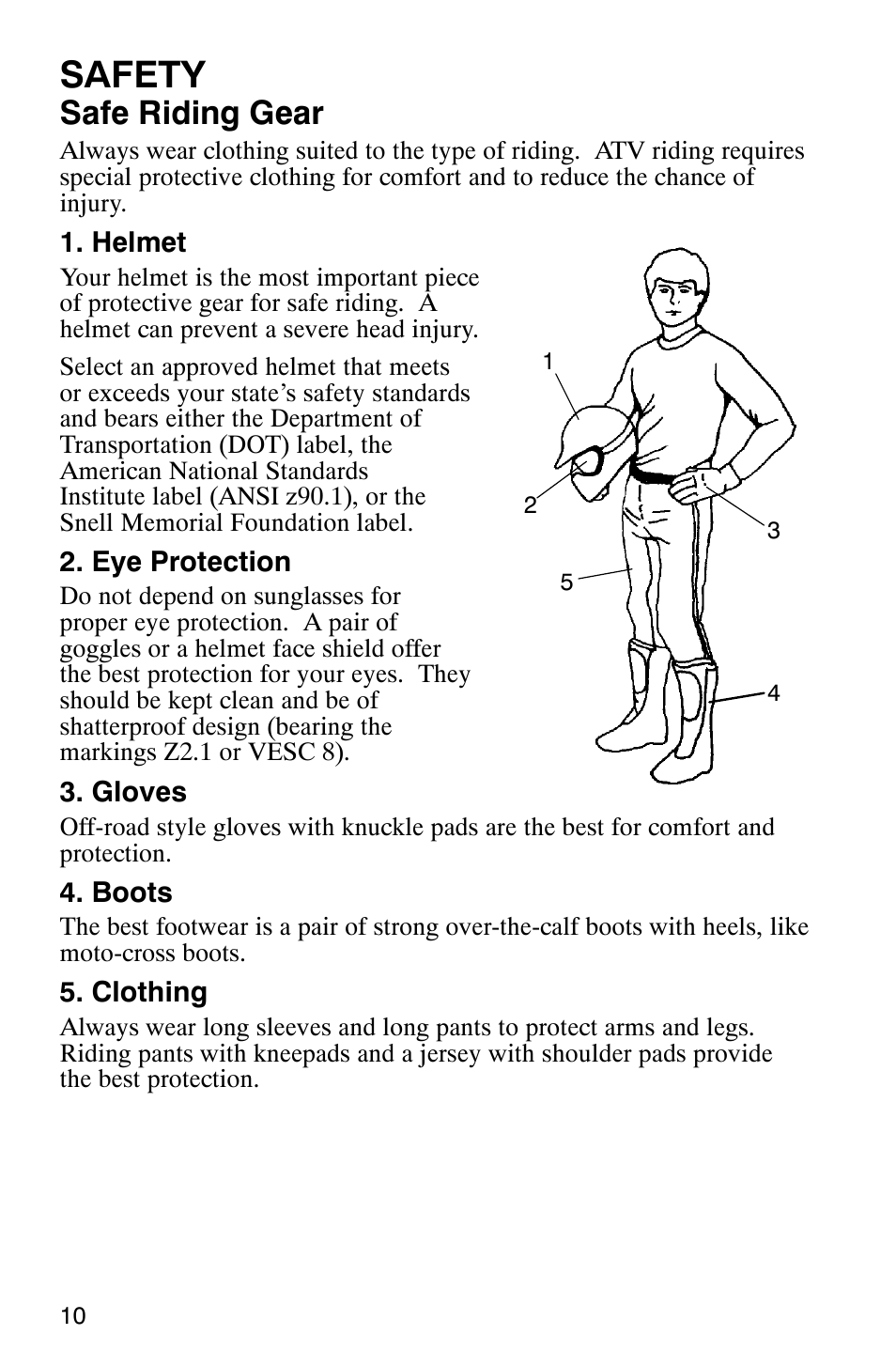 Safety, Safe riding gear | Polaris Hawkeye 4x4 User Manual | Page 13 / 134