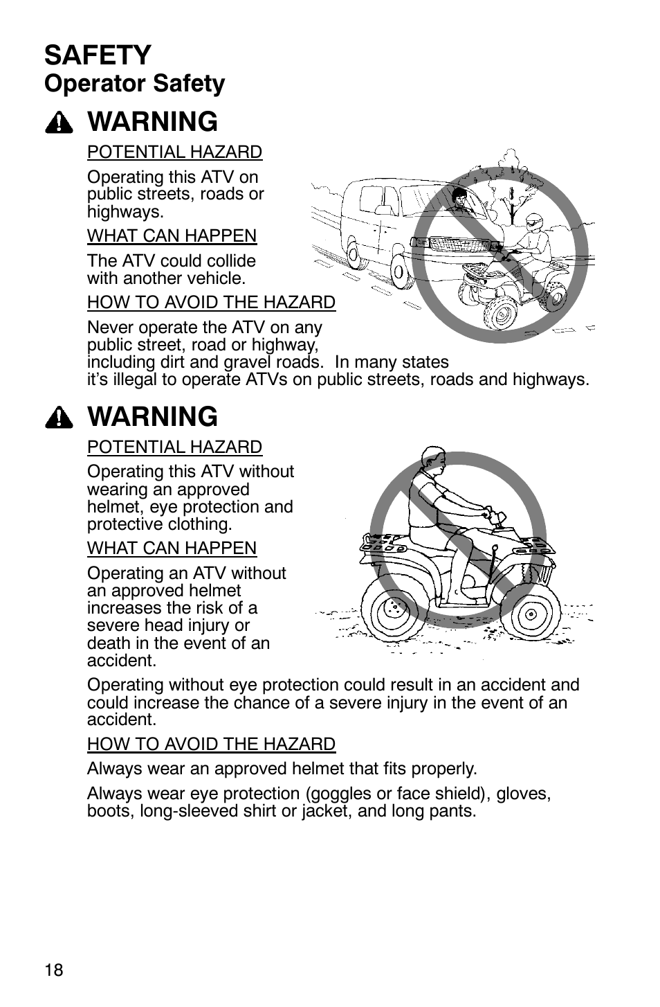 Safety, Warning, Operator safety | Polaris Hawkeye 4x4 User Manual | Page 21 / 134