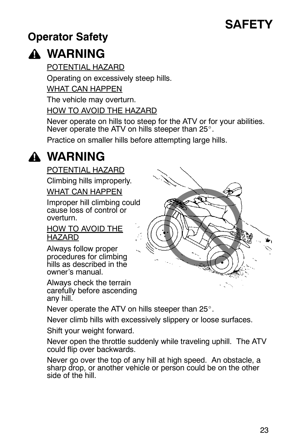 Safety, Warning, Operator safety | Polaris Hawkeye 4x4 User Manual | Page 26 / 134