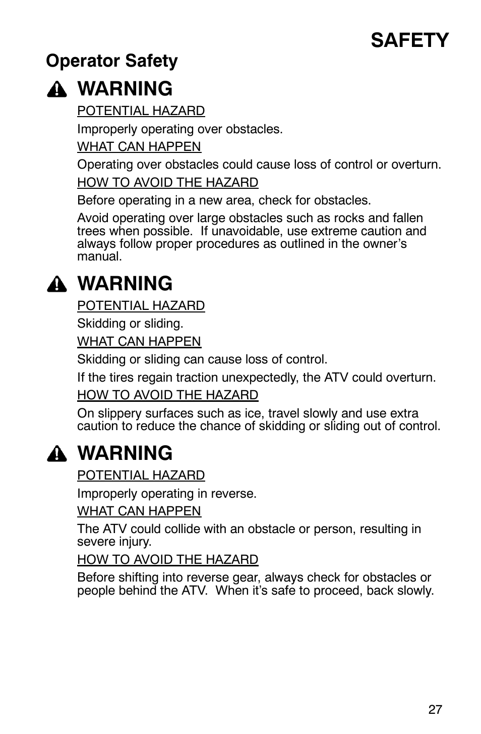 Safety, Warning, Operator safety | Polaris Hawkeye 4x4 User Manual | Page 30 / 134