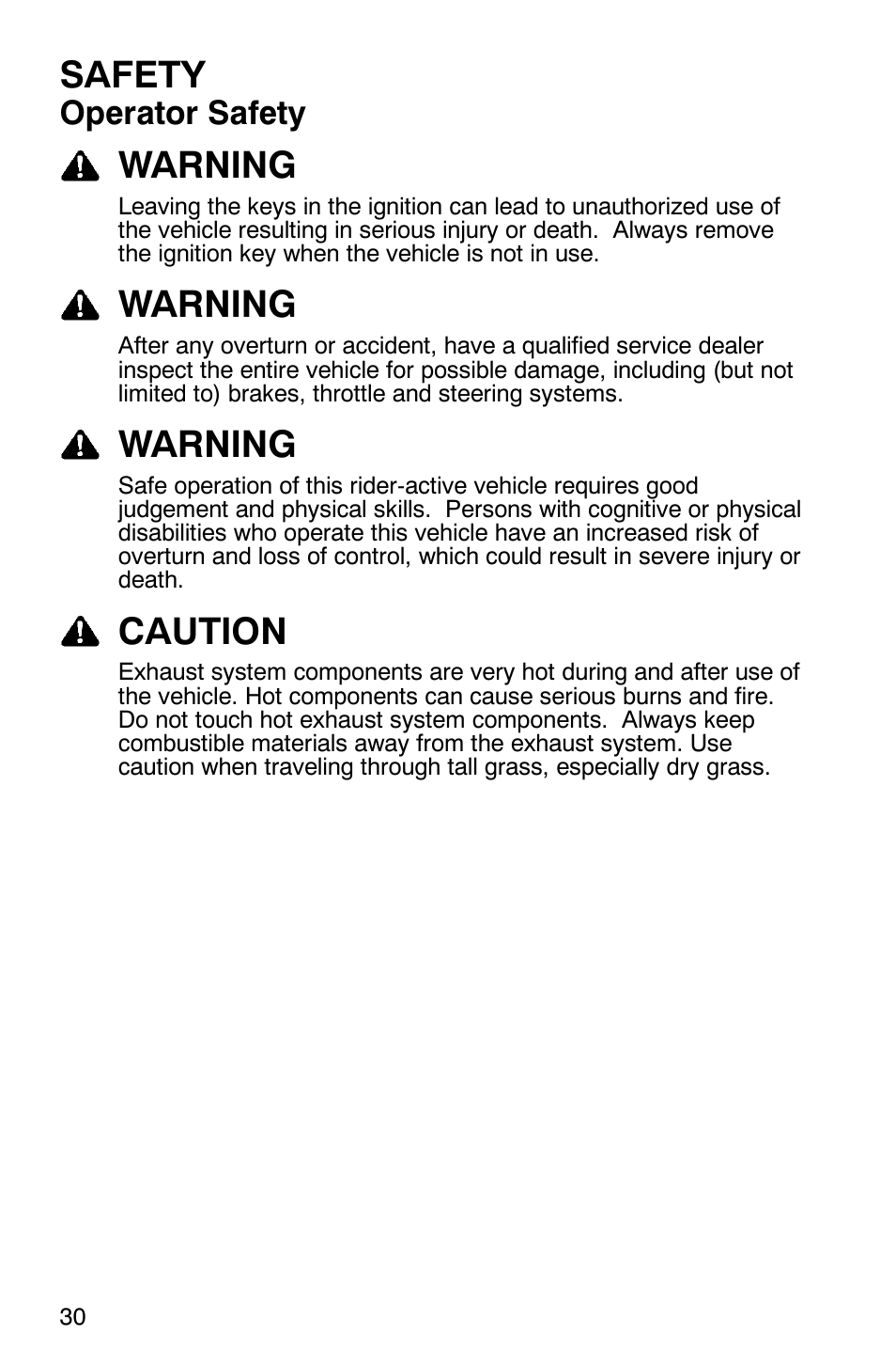 Safety, Warning, Caution | Operator safety | Polaris Hawkeye 4x4 User Manual | Page 33 / 134