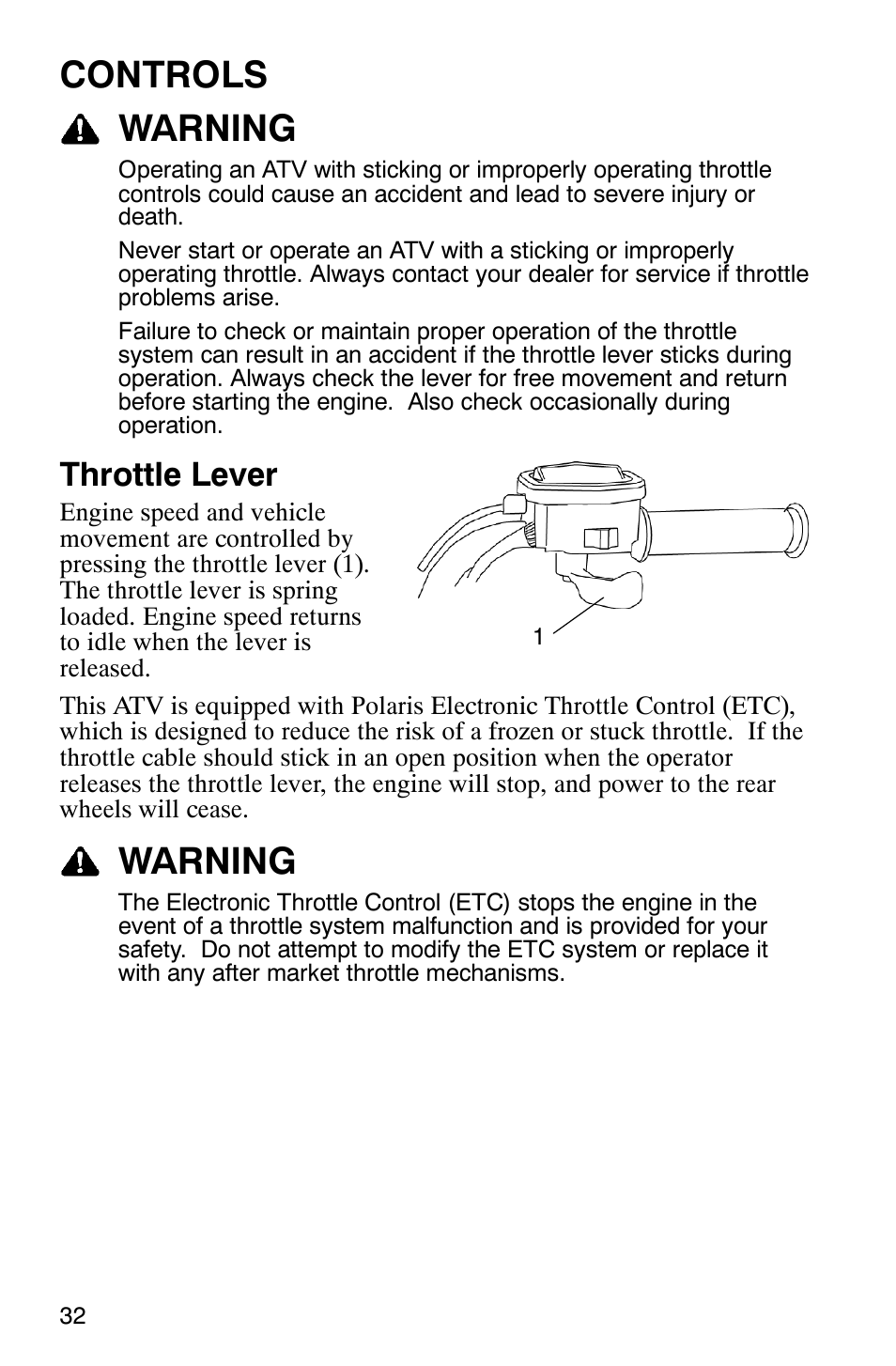 Controls warning, Warning, Throttle lever | Polaris Hawkeye 4x4 User Manual | Page 35 / 134