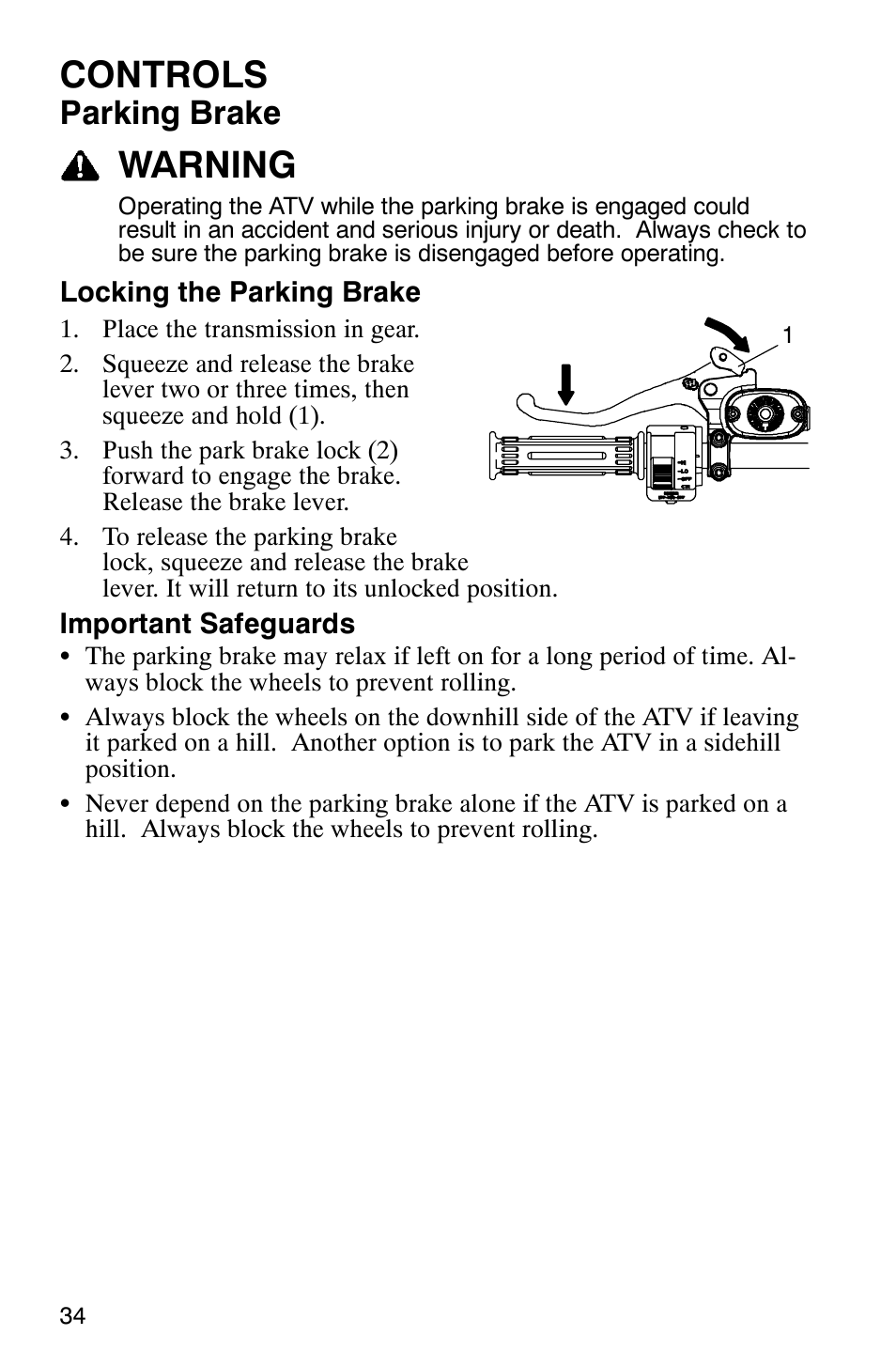 Controls, Warning, Parking brake | Polaris Hawkeye 4x4 User Manual | Page 37 / 134