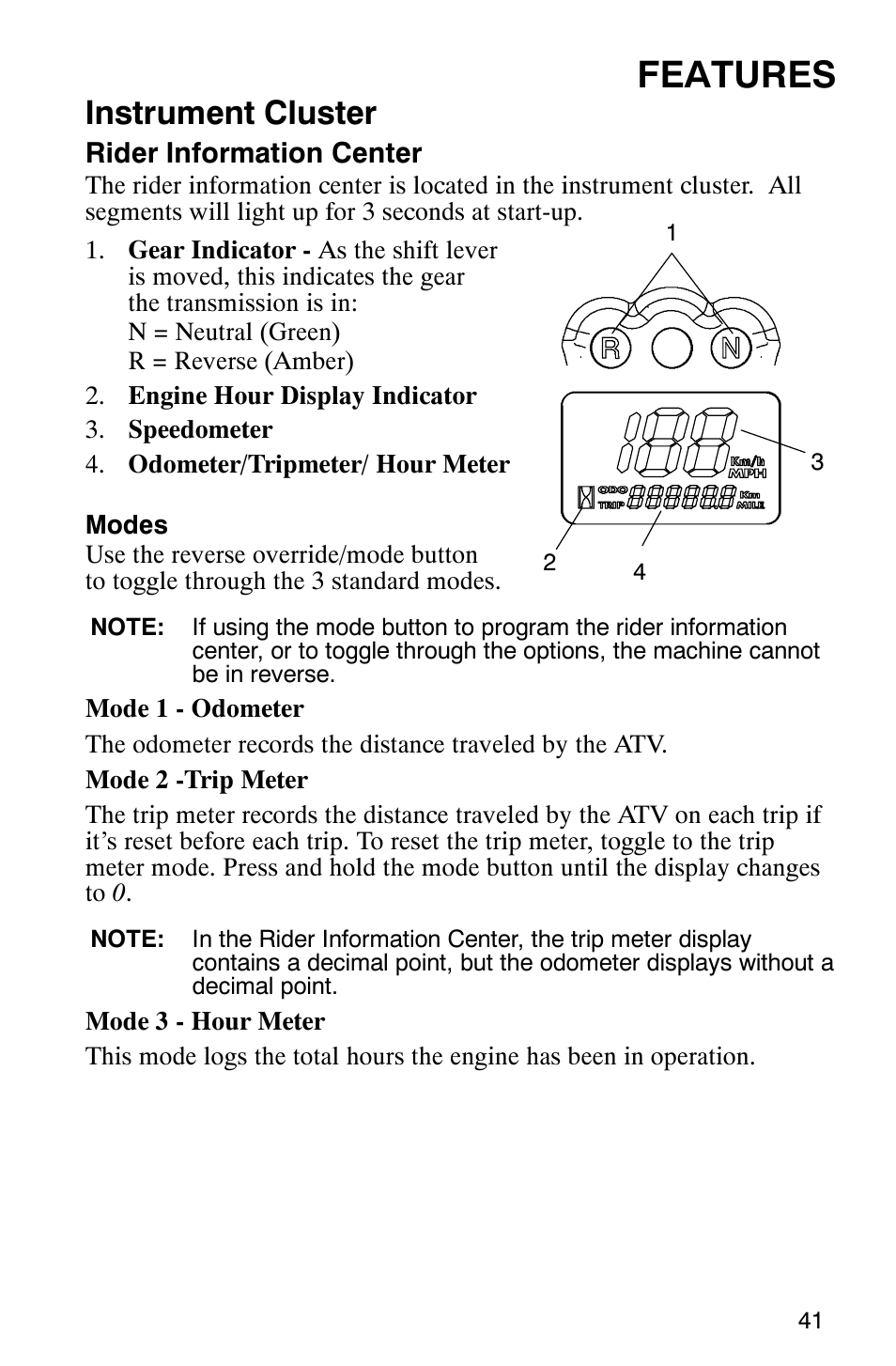 Features, Instrument cluster | Polaris Hawkeye 4x4 User Manual | Page 44 / 134