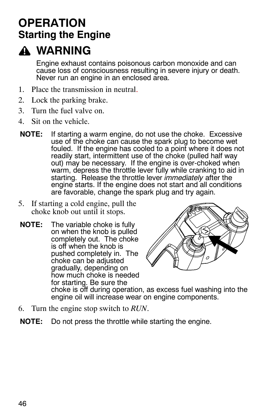 Operation, Warning, Starting the engine | Polaris Hawkeye 4x4 User Manual | Page 49 / 134