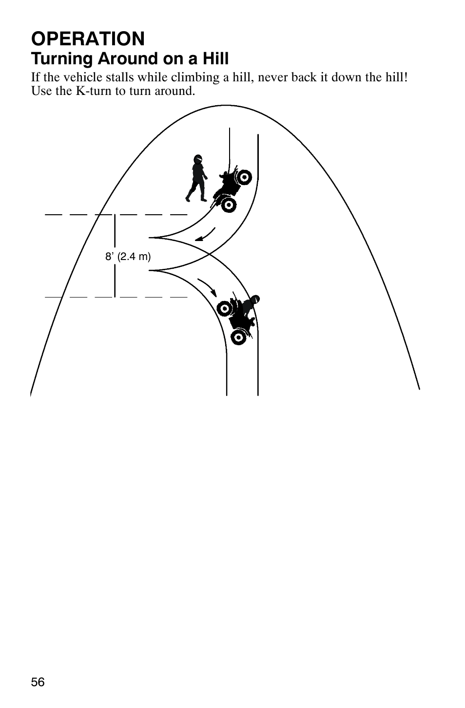 Operation, Turning around on a hill | Polaris Hawkeye 4x4 User Manual | Page 59 / 134