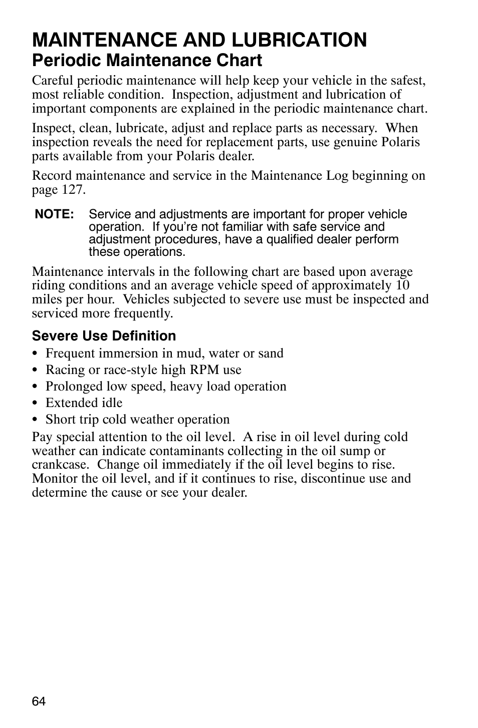 Maintenance and lubrication, Periodic maintenance chart | Polaris Hawkeye 4x4 User Manual | Page 67 / 134