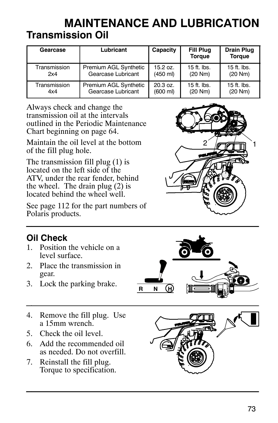 Maintenance and lubrication, Transmission oil, Oil check | Polaris Hawkeye 4x4 User Manual | Page 76 / 134