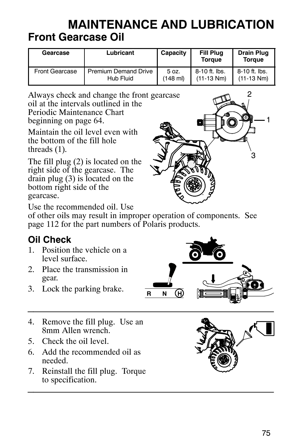 Maintenance and lubrication, Front gearcase oil, Oil check | Polaris Hawkeye 4x4 User Manual | Page 78 / 134