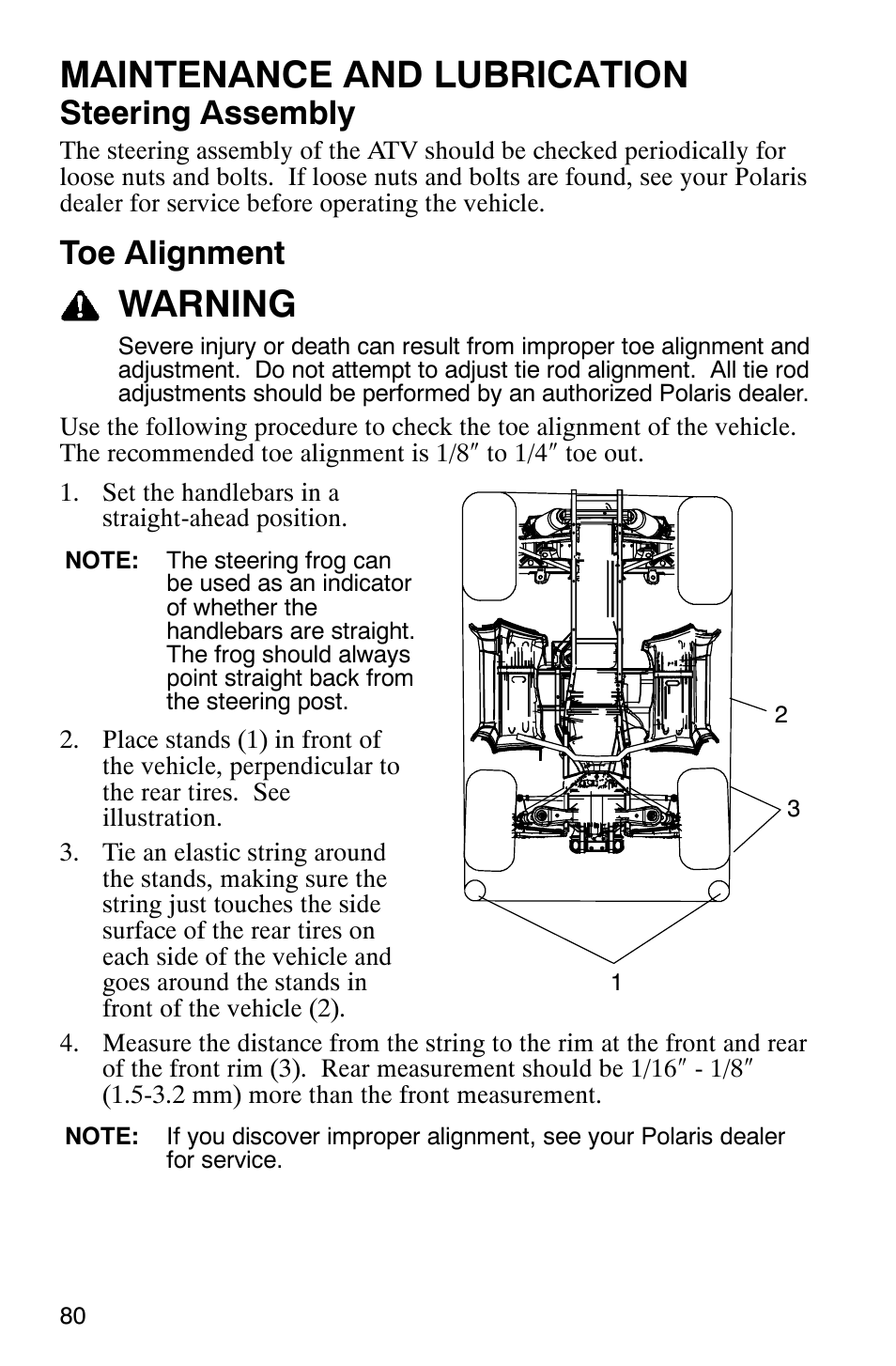 Maintenance and lubrication, Warning, Steering assembly | Toe alignment | Polaris Hawkeye 4x4 User Manual | Page 83 / 134