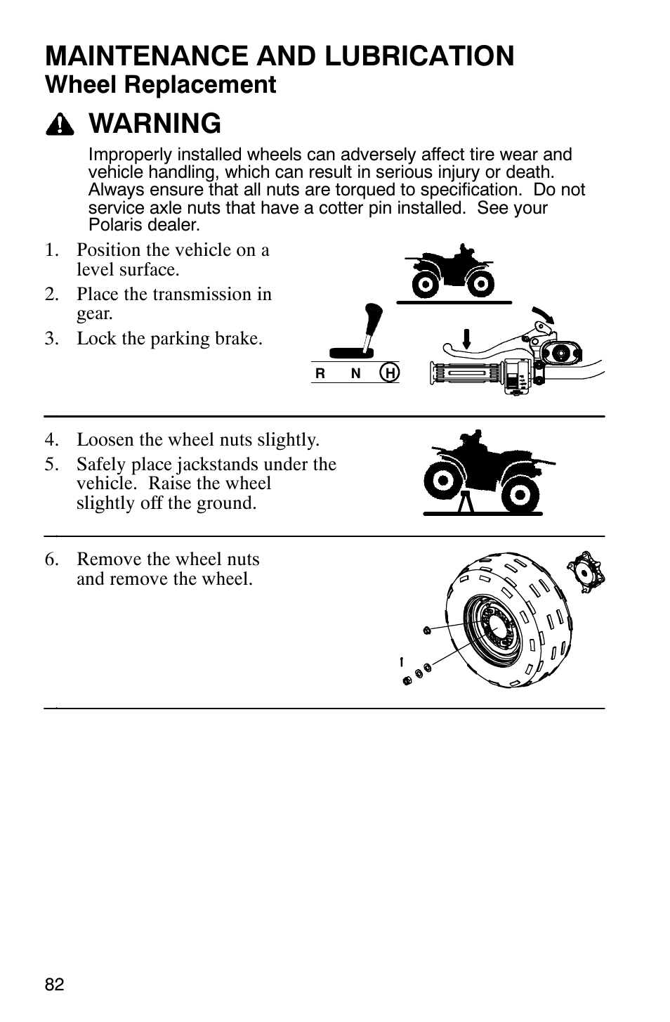 Maintenance and lubrication, Warning, Wheel replacement | Polaris Hawkeye 4x4 User Manual | Page 85 / 134