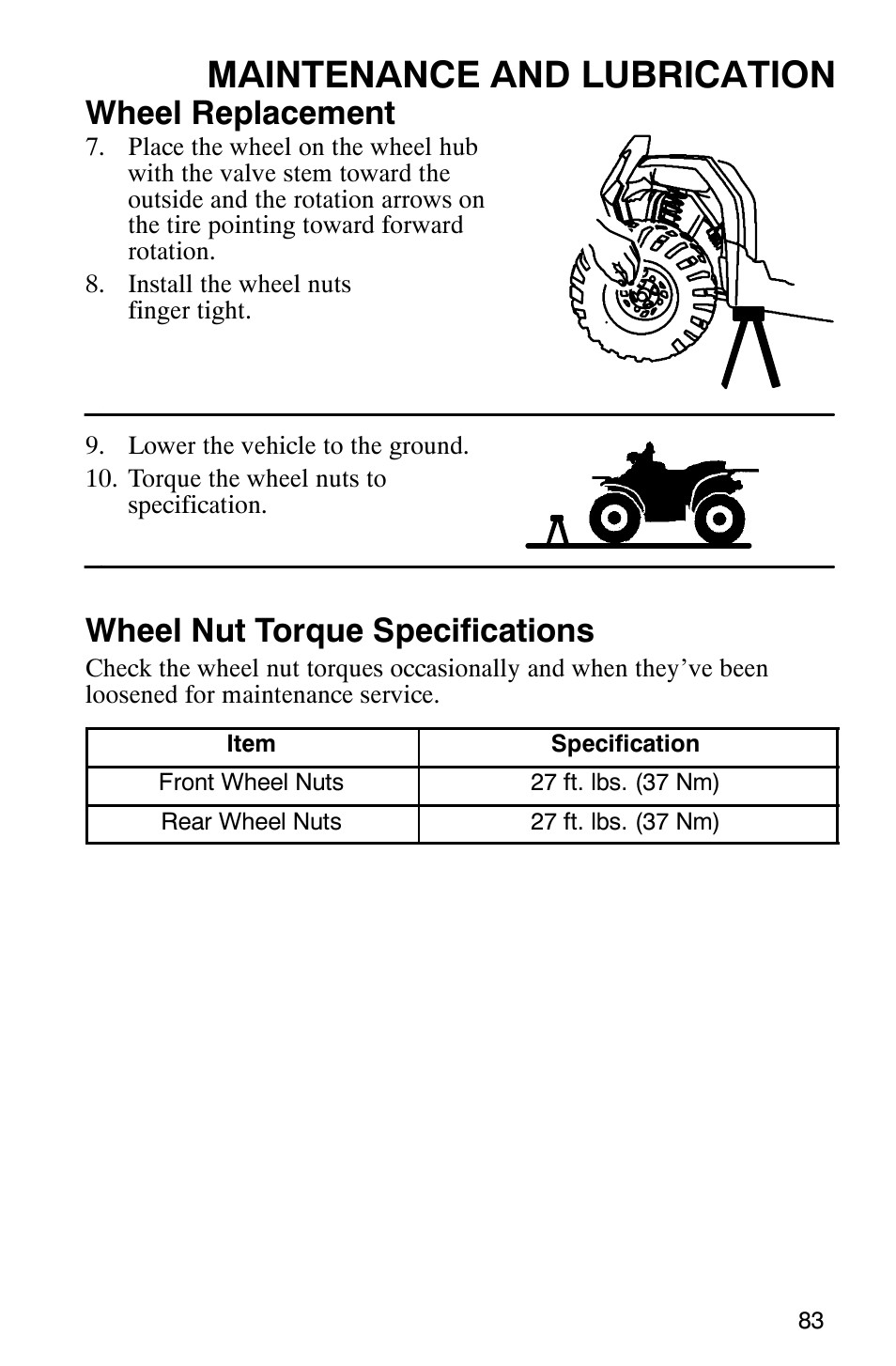 Maintenance and lubrication, Wheel replacement, Wheel nut torque specifications | Polaris Hawkeye 4x4 User Manual | Page 86 / 134