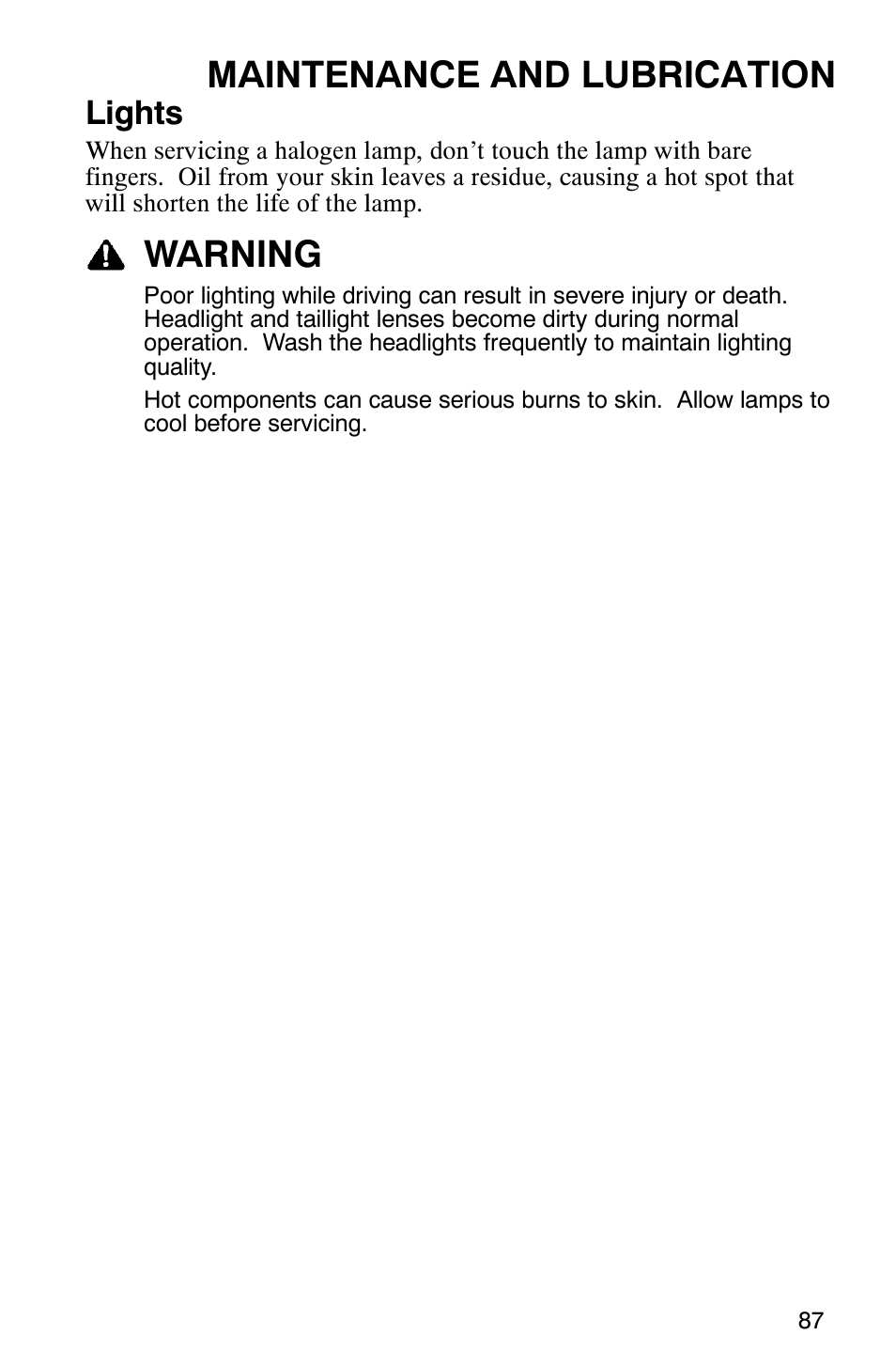 Maintenance and lubrication, Warning, Lights | Polaris Hawkeye 4x4 User Manual | Page 90 / 134