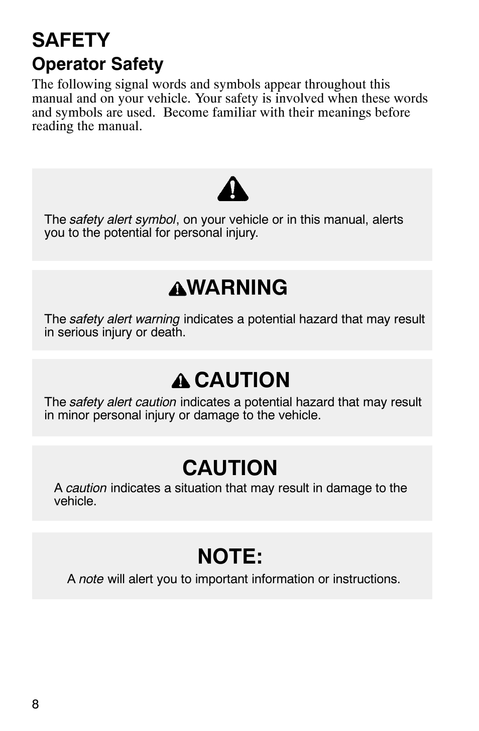 Caution warning, Safety, Operator safety | Polaris 340 Edge User Manual | Page 10 / 155