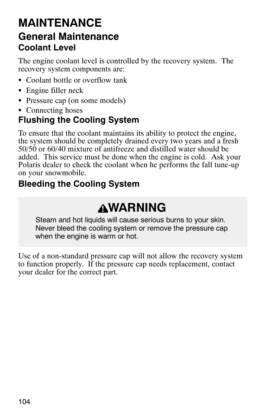 Warning, Maintenance, General maintenance | Polaris 340 Edge User Manual | Page 106 / 155