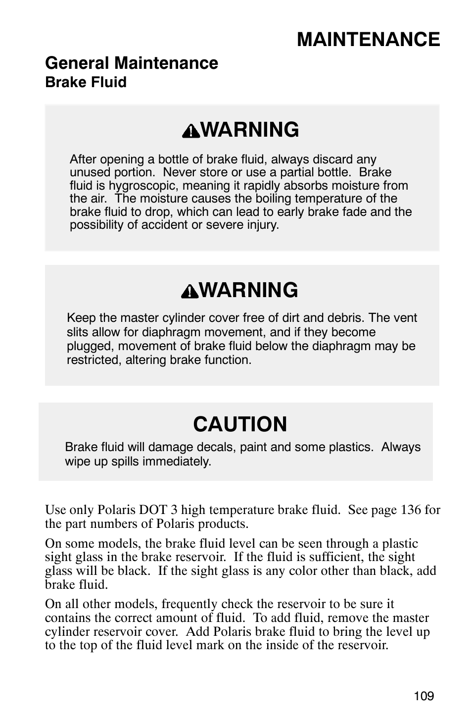 Warning, Caution, Maintenance | General maintenance | Polaris 340 Edge User Manual | Page 111 / 155