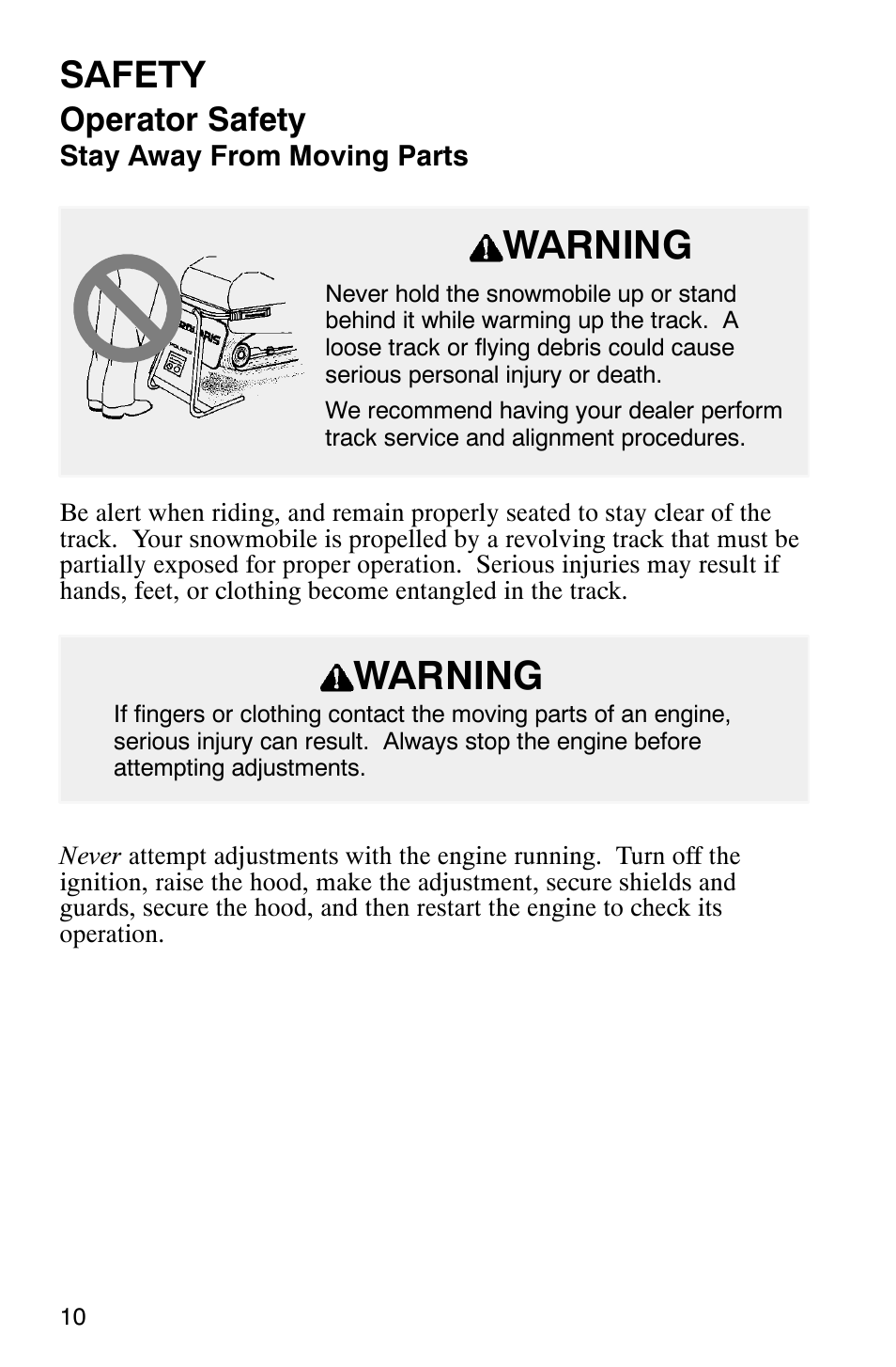 Warning, Safety, Operator safety | Polaris 340 Edge User Manual | Page 12 / 155