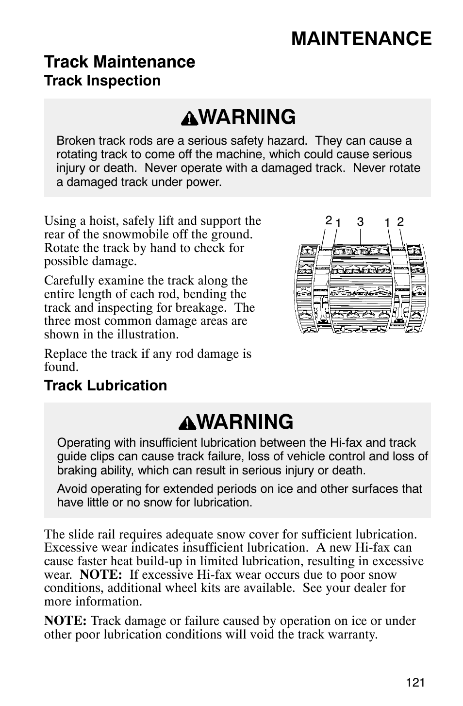 Warning, Maintenance, Track maintenance | Polaris 340 Edge User Manual | Page 123 / 155